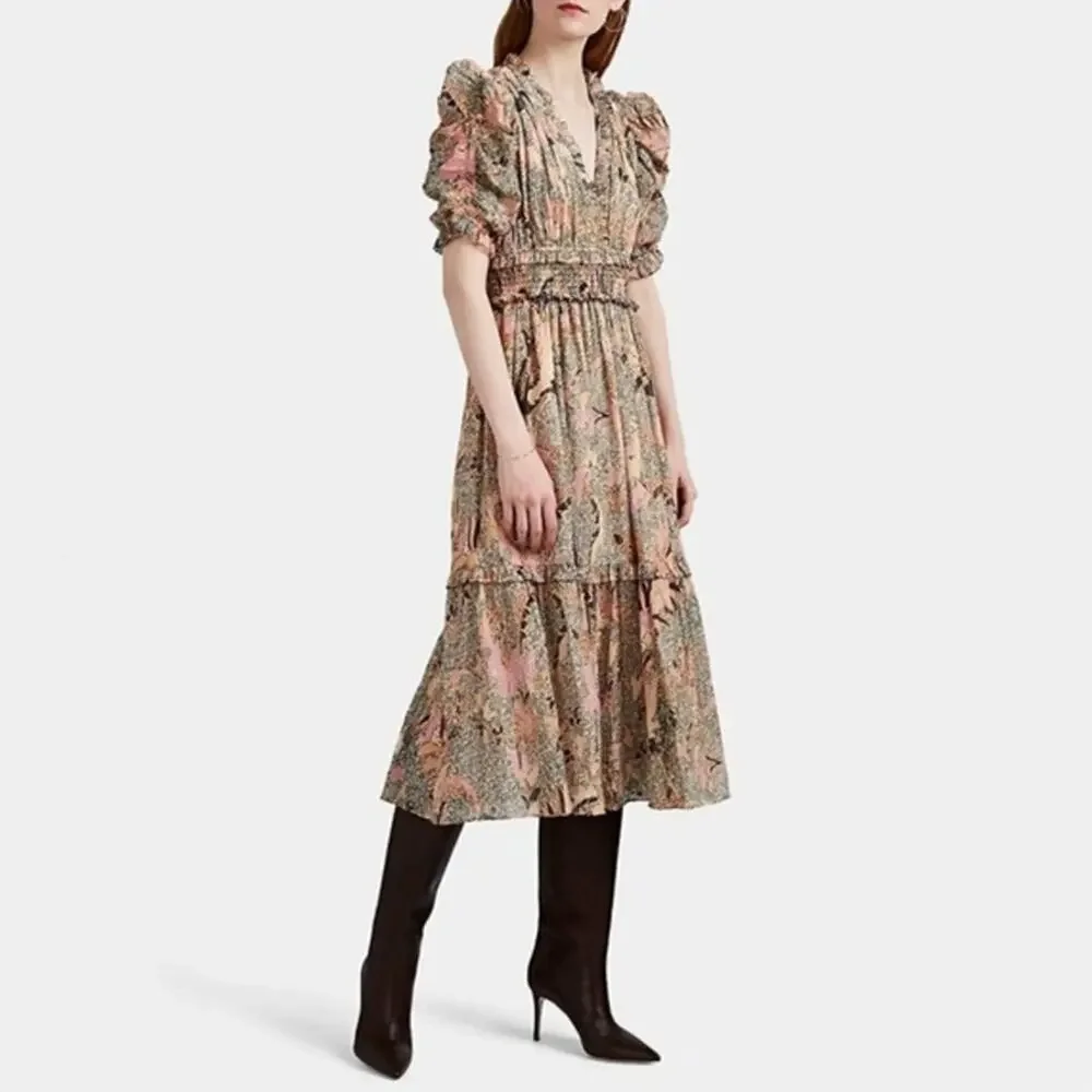 Ulla Johnson Paisley Metallic Silk Blend Midi Dress Size 6 - Picture 1 of 6
